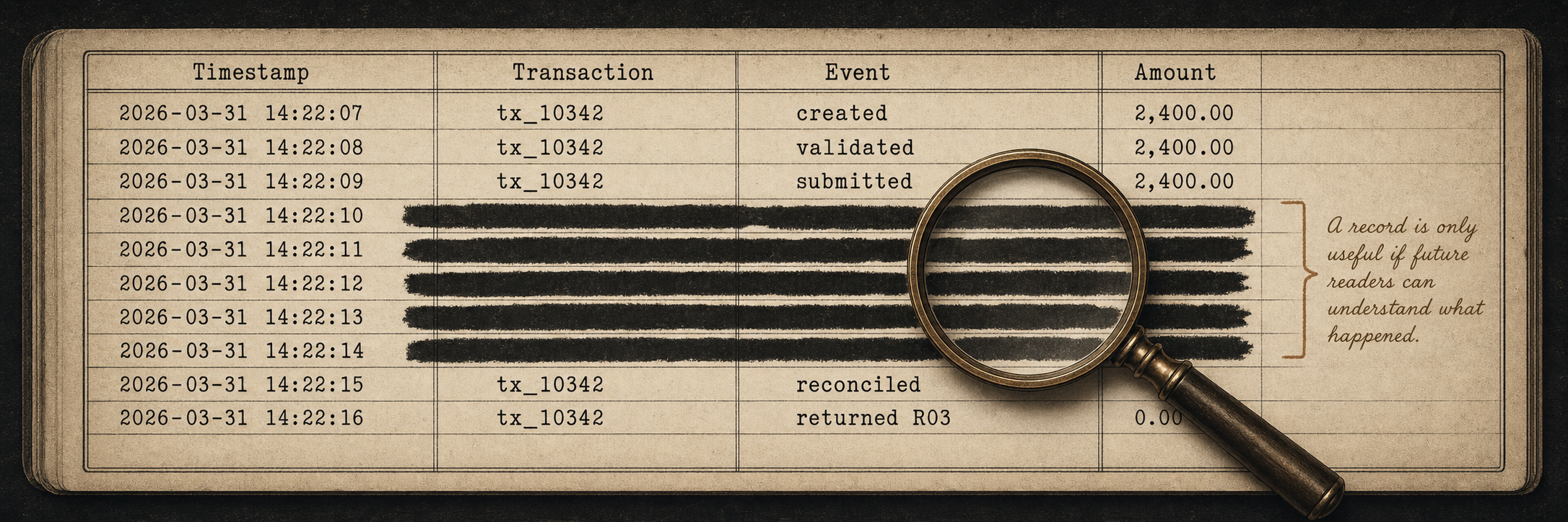 A chronological event log of ledger entries; most entries are crisp and readable, but three rows in the middle are redacted as black bullet marks, with a magnifying glass hovering over one of the opaque rows.