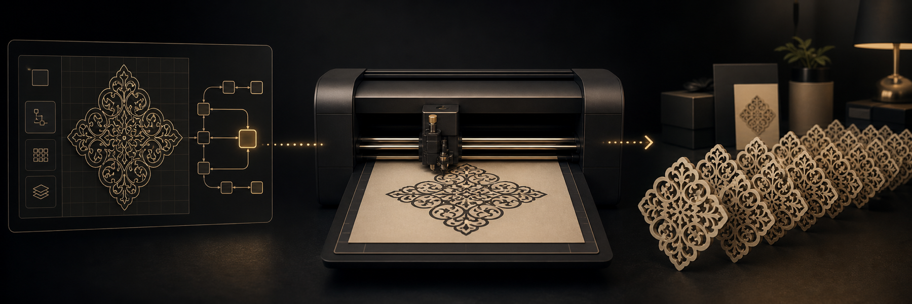A modern cutting machine turns a digital design into a physical pattern, with many finished pieces arranged to suggest product scale.