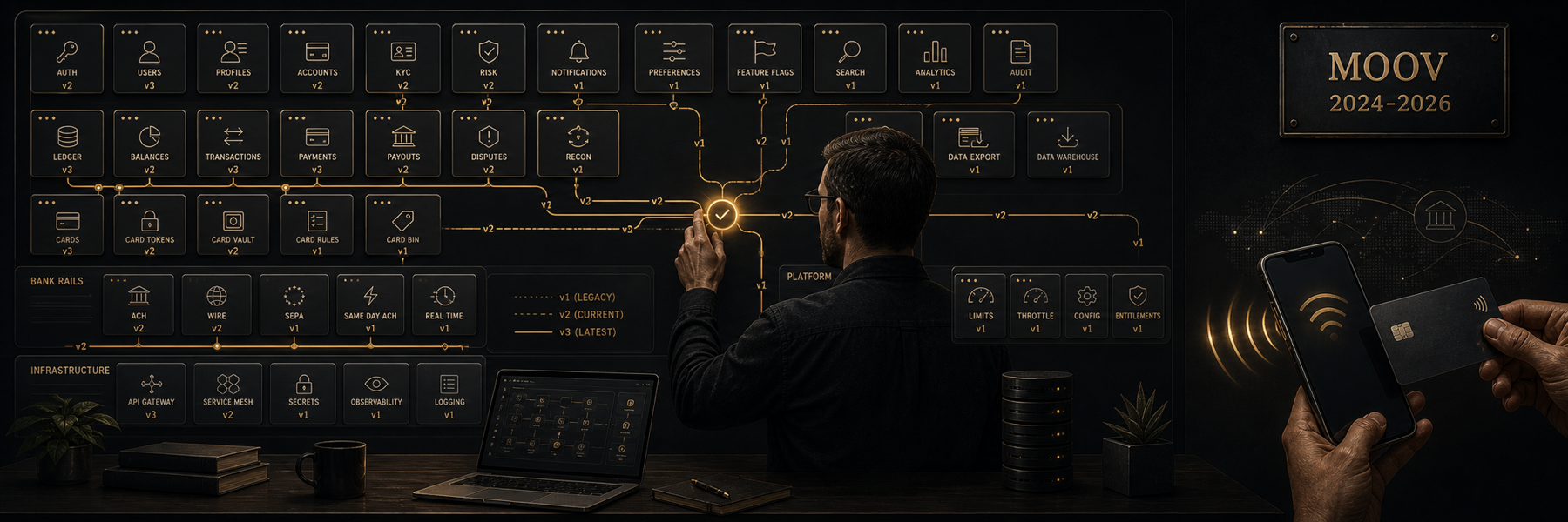A developer aligns a glowing version marker inside a wall of connected service tiles, with a phone and contactless card interaction nearby and a Moov 2024-2026 marker.