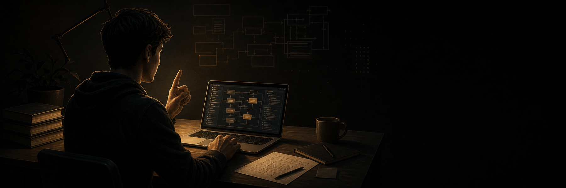 A young developer works at a dark desk under warm light, with abstract code and system diagrams glowing on a laptop.