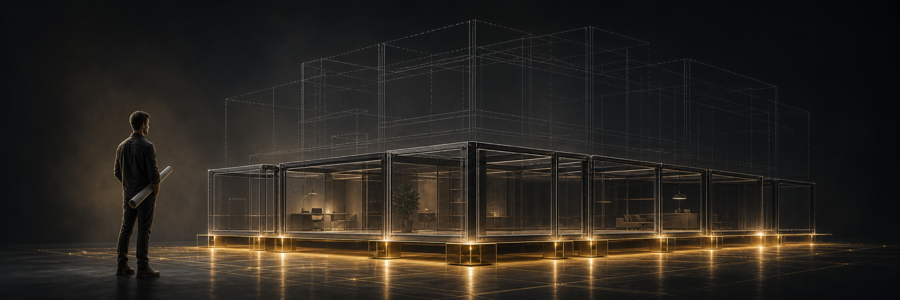 A founder stands beside a dark glass product structure with a completed bronze-lit foundation and faint unfinished upper modules.