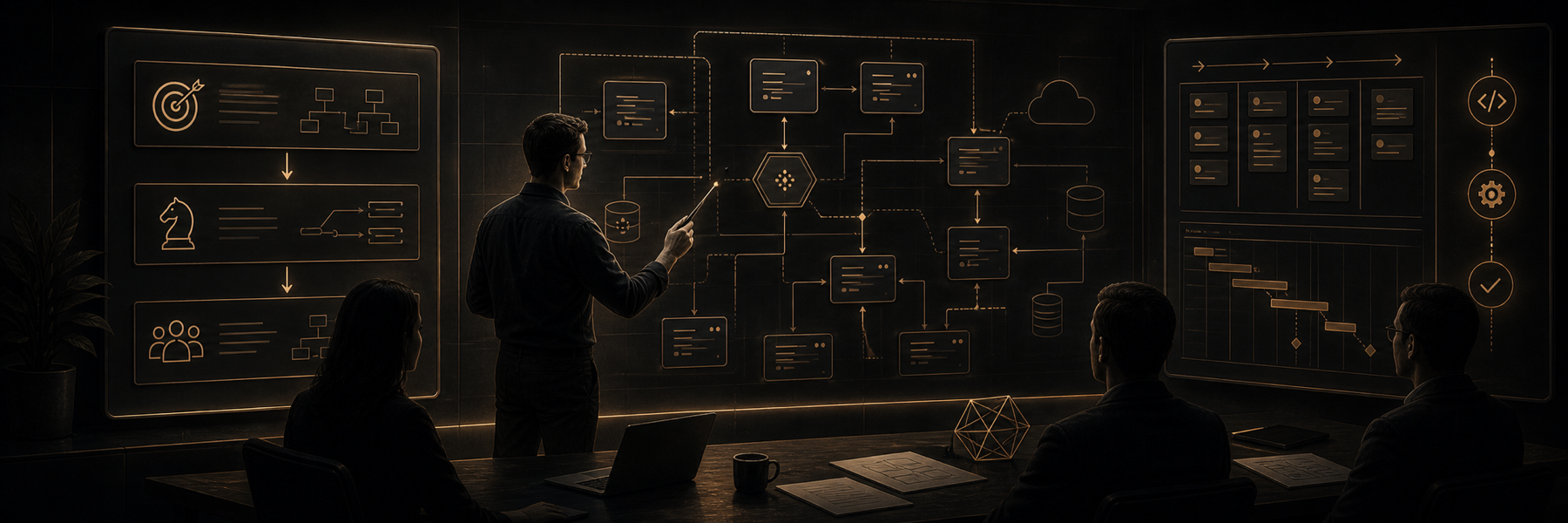 A technical lead stands between a large system architecture wall and a planning board in a dark consulting workspace.