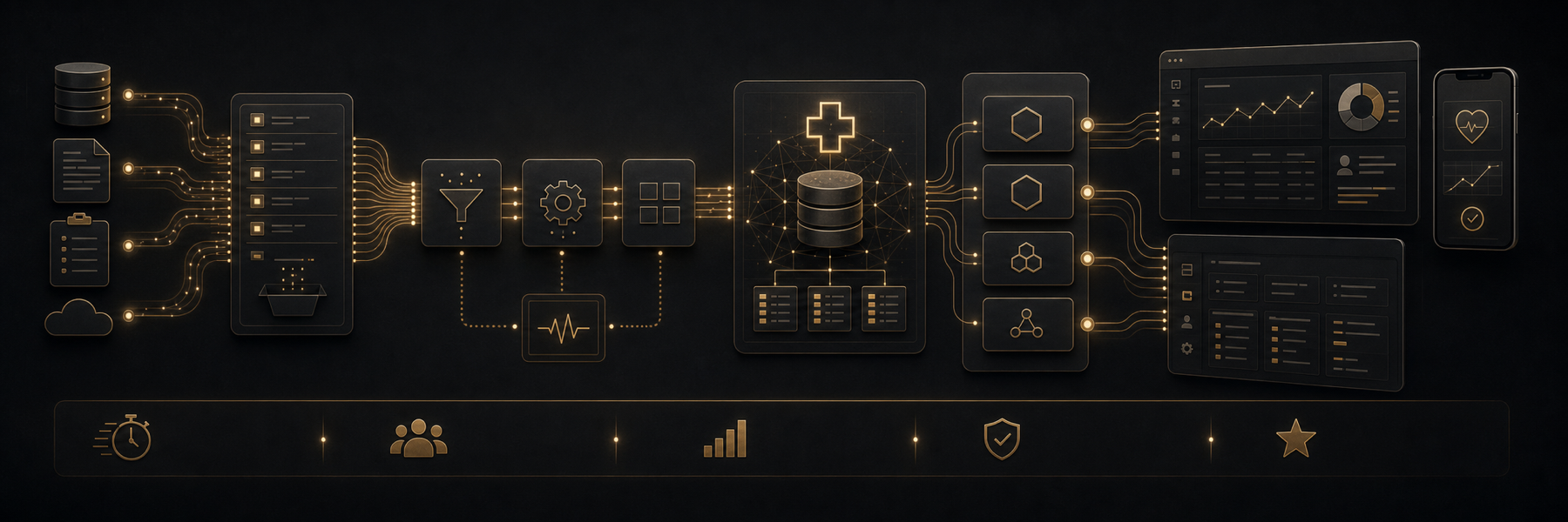 Healthcare data streams move through dark transformation pipelines into clean API and application panels.